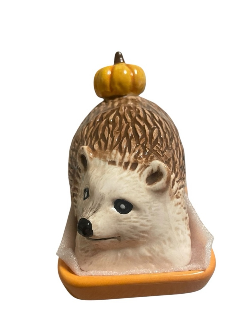 Cute Hedgehog with Yellow Pumpkin Accent Butter Dish - New - 6 x 3